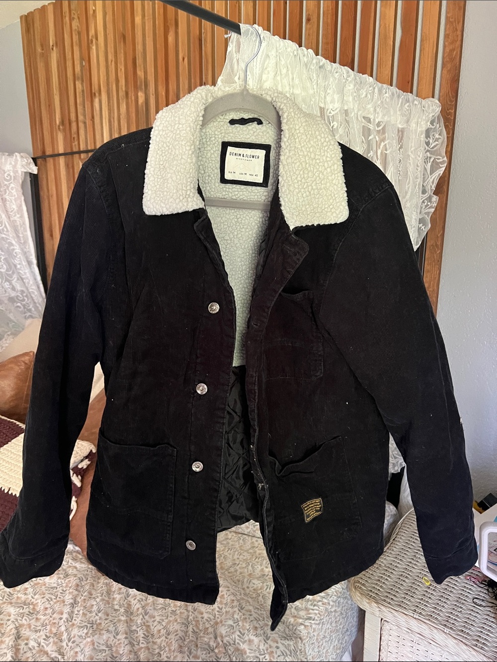 Denim & Flower Black Corduroy Jacket with White Sherpa Collar